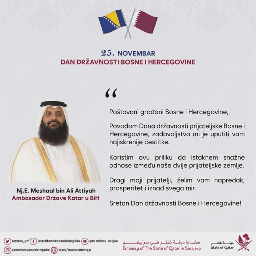 Cestitka ambasadora Drzave Katar u BiH povodom Dana drzavnosti.jpeg - Državni vrh Katara uputio čestitke povodom Dana državnosti BiH